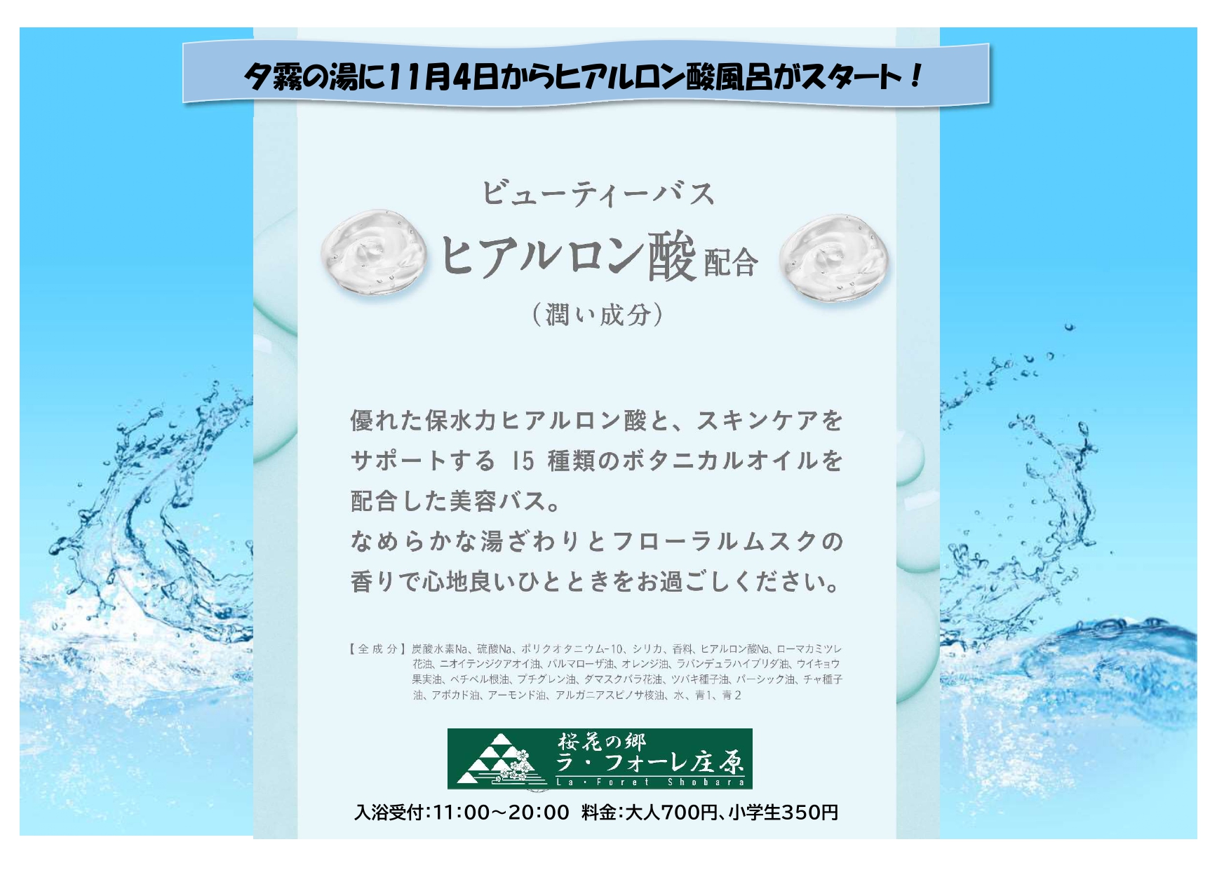 桜花の郷 ラ・フォーレ庄原・夕霧の湯 ヒアルロン酸風呂 11/4スタート